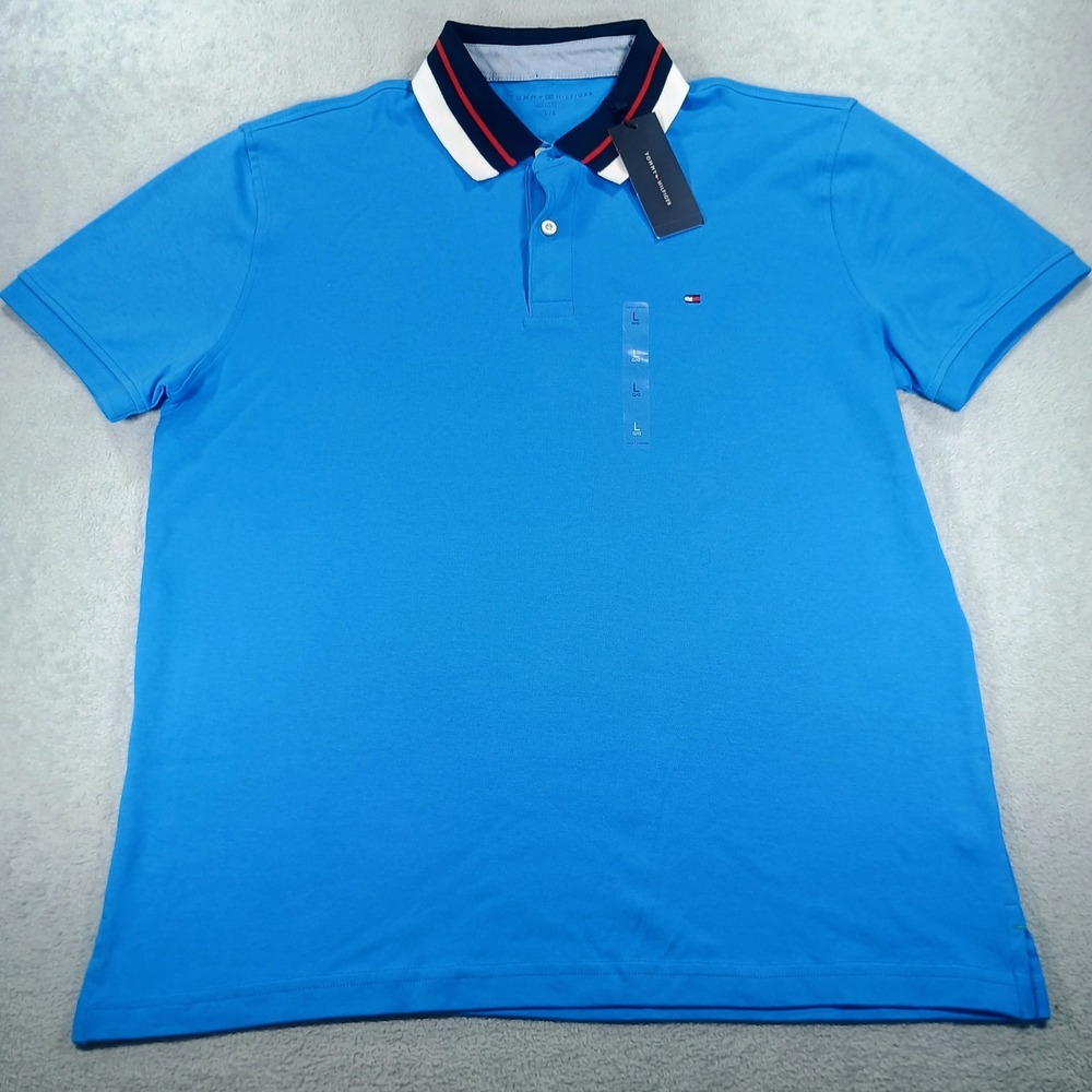 Tommy Hilfiger Mens Polo Shirt Blue Large Tipped Collar NWT